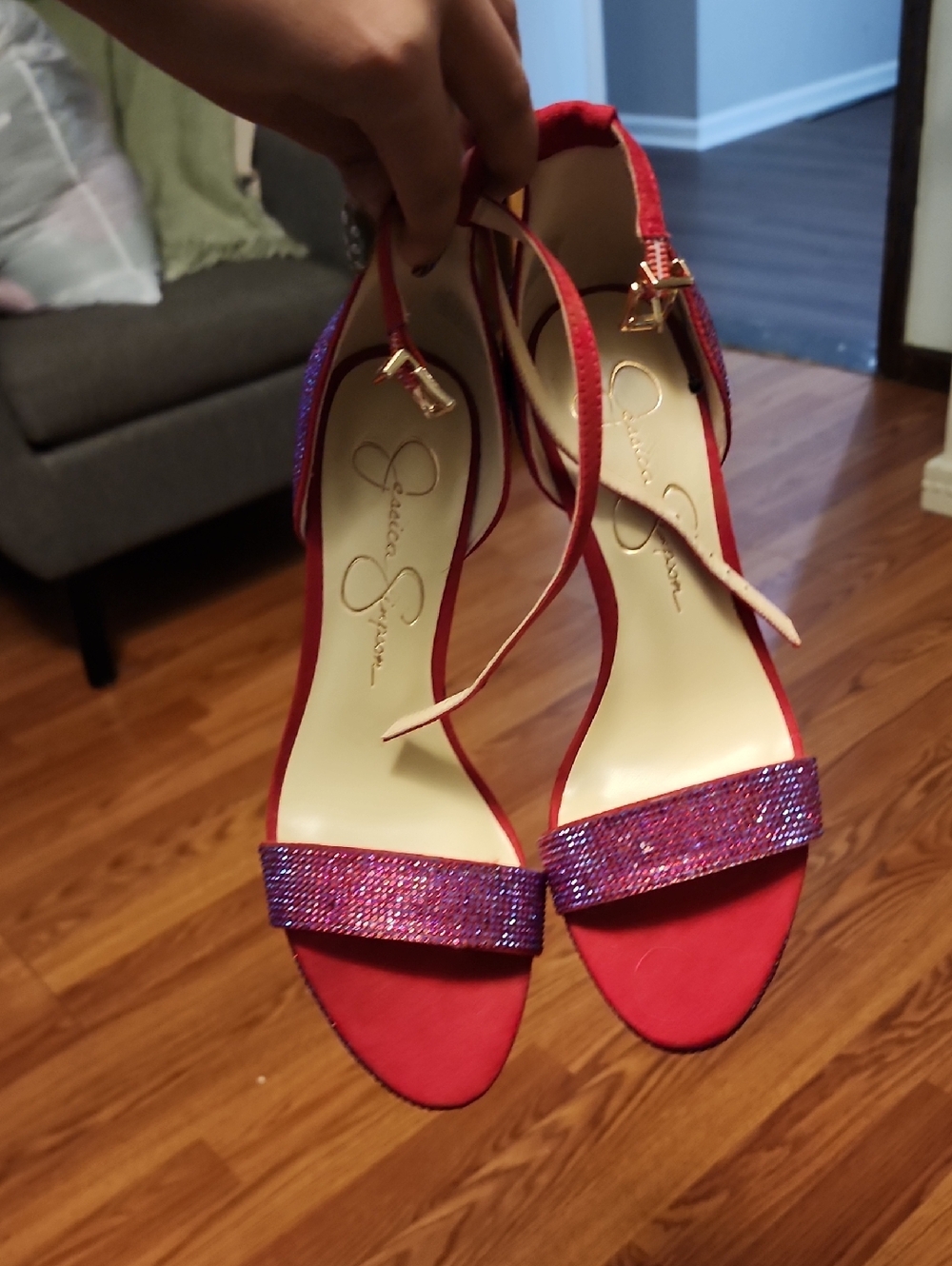 Jessica Simpson Red Open-Toe Ankle-Strap Heels with Sparkle Strap